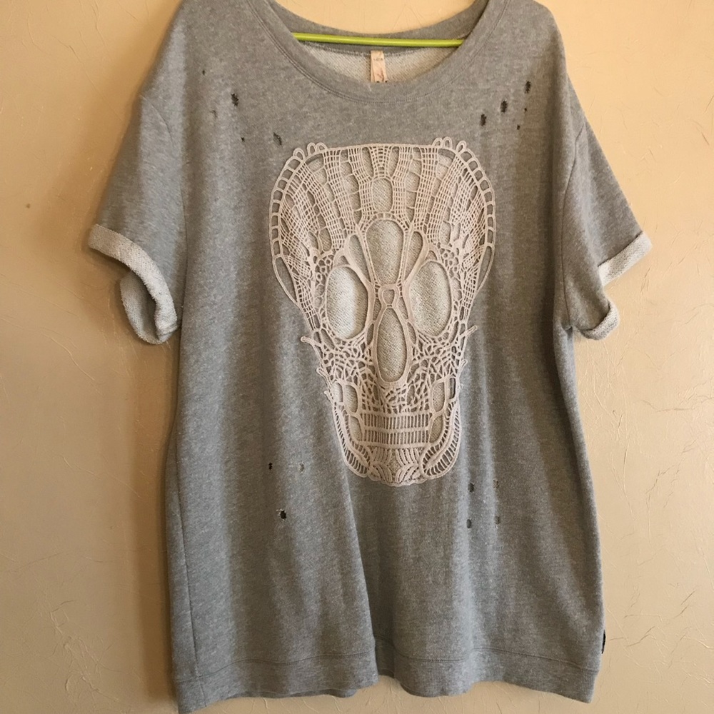 Lane Bryant Distressed Top with crochet skull